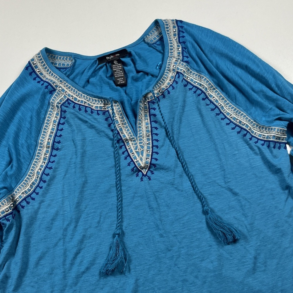 Style & Co. Tassel Studded Top Size XL Teal Embroidered 3/4 Sleeve Blouse NWT